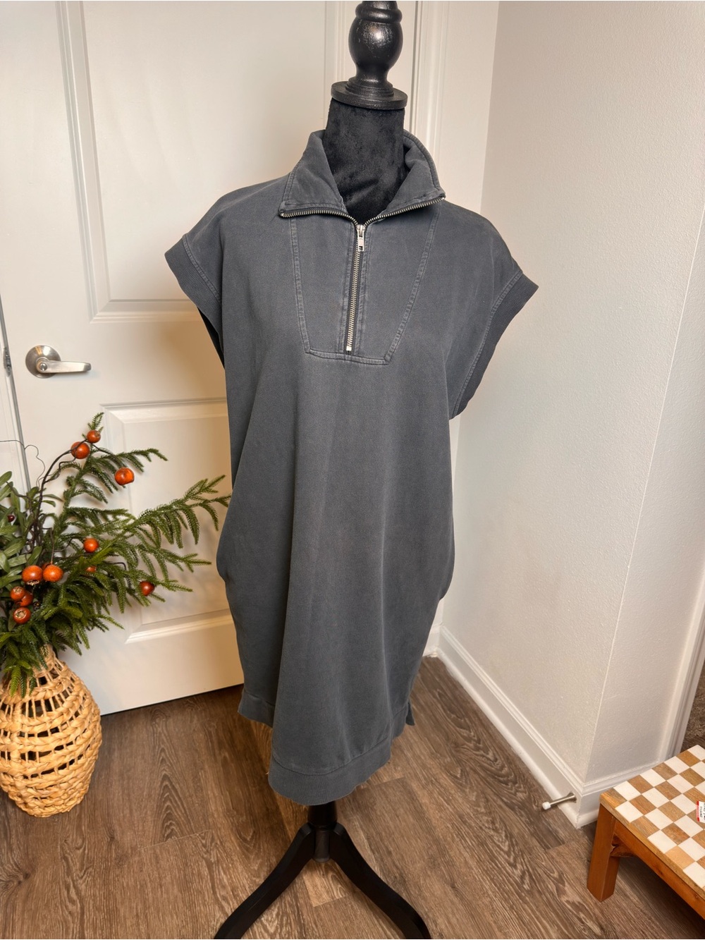 Double Zero Washed Charcoal Zip-Front Midi Dress / BNWT